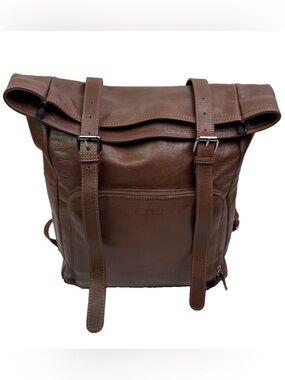 Genicci Cognac Jason Roll Top 15" Laptop Unisex Leather Backpack READ FLAWS